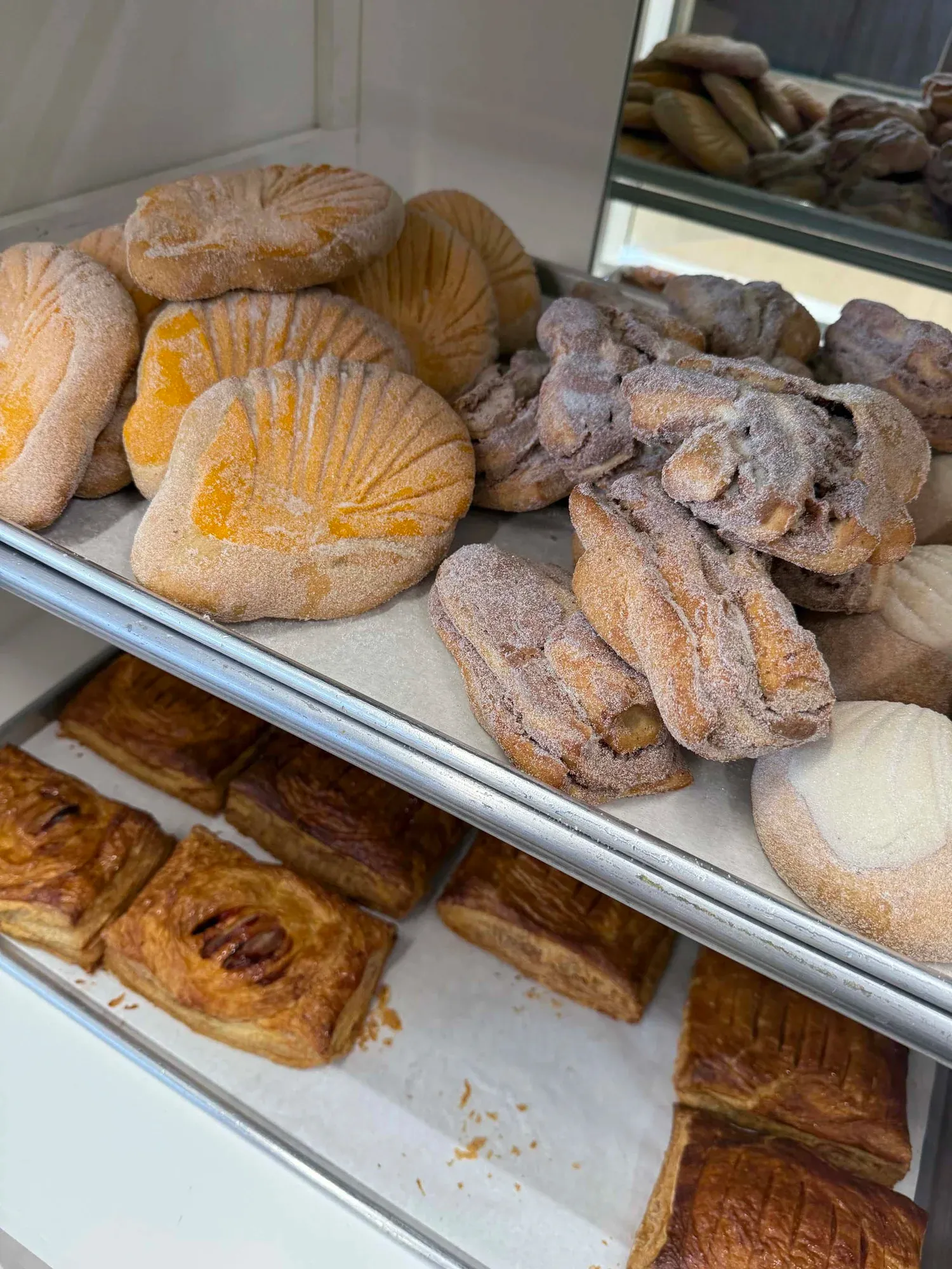 Trays filled with golden pan dulce in the La Esperanza bread display